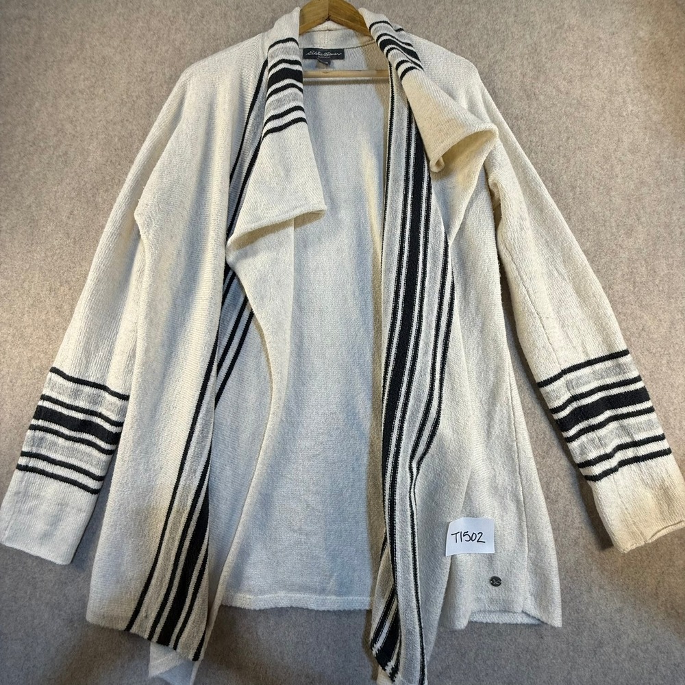 Eddie Bauer Sleepwear Womens Medium Cream Black Striped Open Front Cardigan Robe